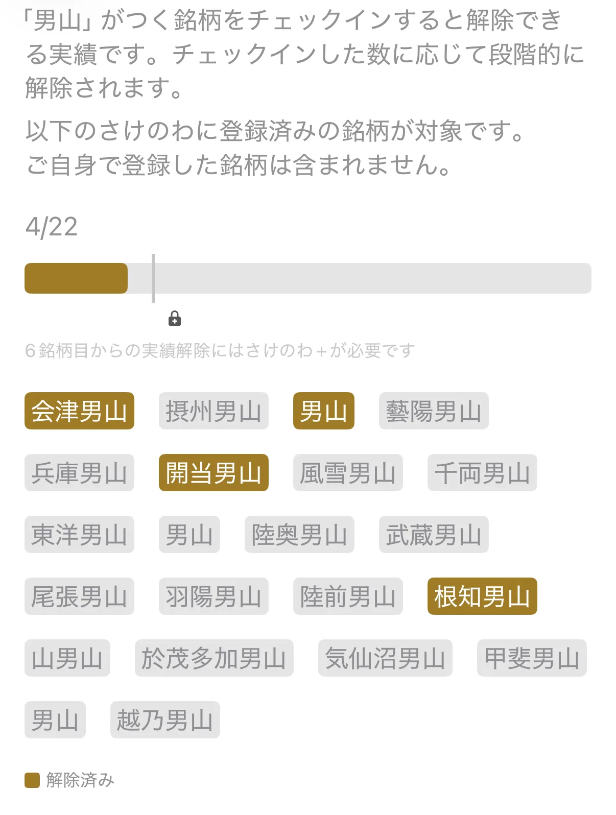 実績「男山」の詳細画面
